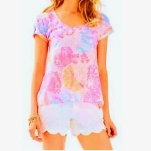Lilly Pulitzer LARGE Inara Bohemian Starfish Shell Linen Short Sleeve Top